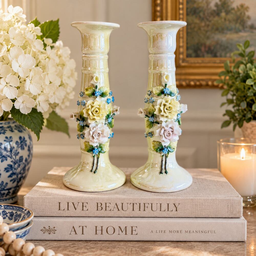 Made in Germany Porcelain Candlestick Holders Applied Flowers Pair